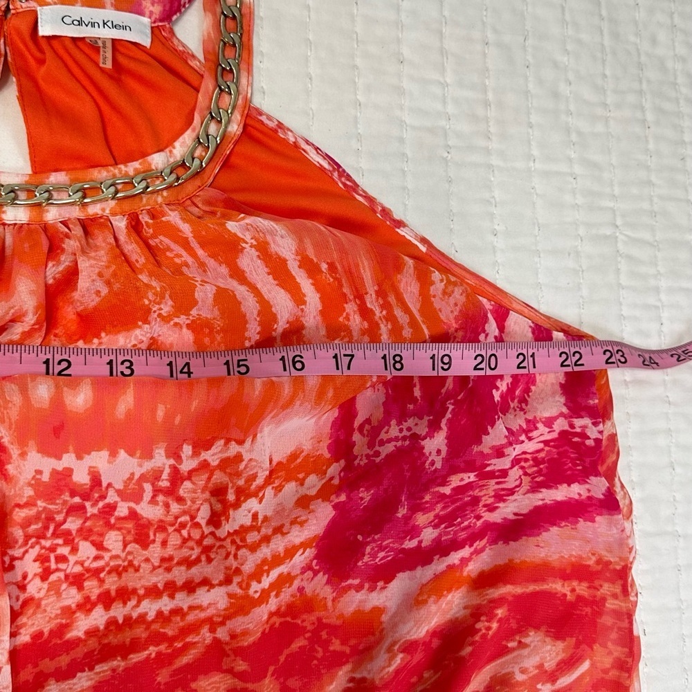 Calvin Klein Halter Orange Print Shift Dress with Gold Chain Trim Around Neck - Picture 6 of 9